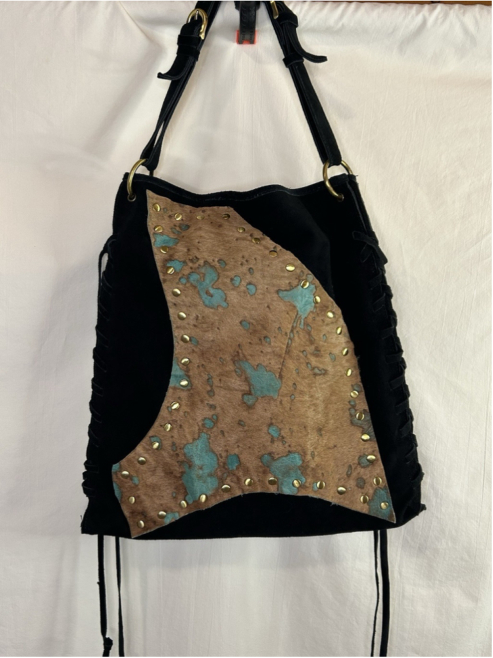 Mae and J Suede Purse Bag Brown/Green Calf Hair Patch Brass Detail Fringe Boho